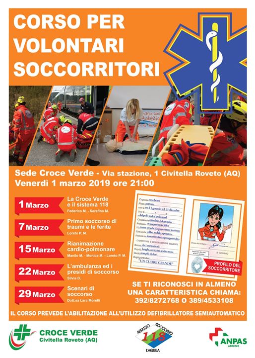 Corso per volontari soccorritori a Civitella Roveto